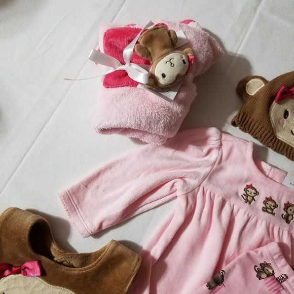 Gymboree Mischievous Monkey 6-12 Pants, shirt, bib, Pocket pal small Lovey, hat - Picture 3 of 5